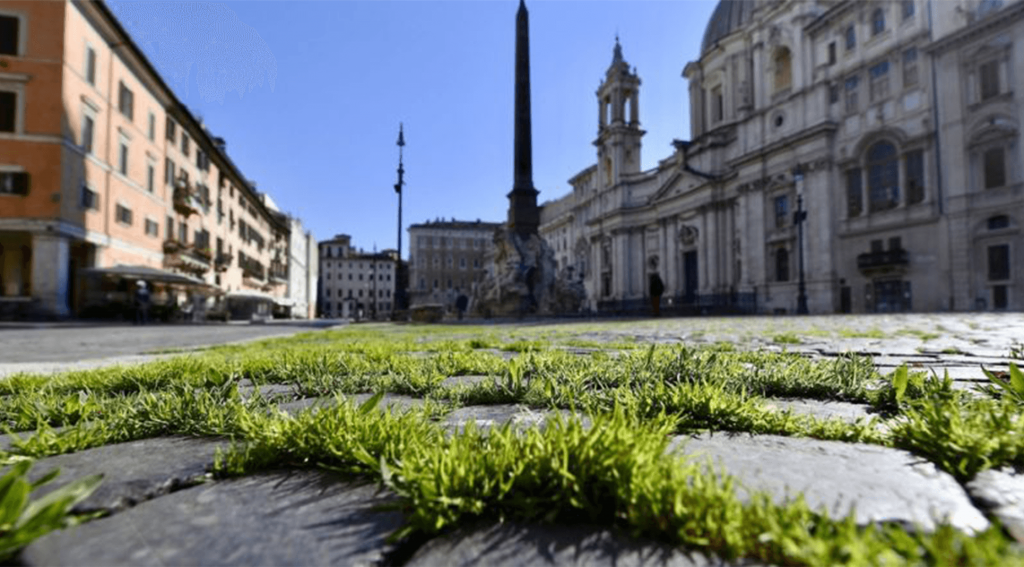 Piazza Navona w Rzymie, jeden z najpiękniejszych placów w mieście, powoli zmienia kolor na zielony z powodu braku odwiedzin turystów i Rzymian podczas kwarantanny Covid-19. Przymusowy postój służy przyrodzie...