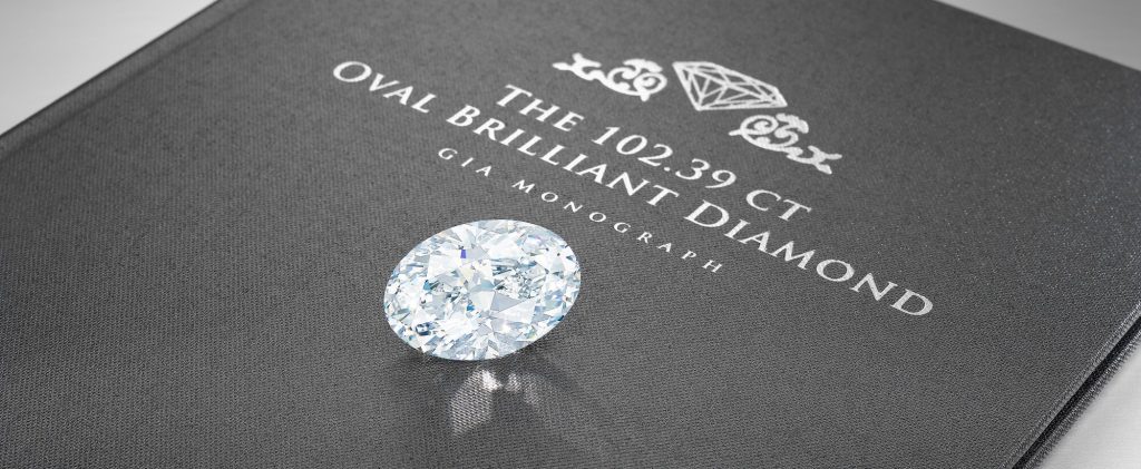 Przykład GIA Monograph dla owalnego diamentu o szlifie brylantowym o masie 102.39 ct